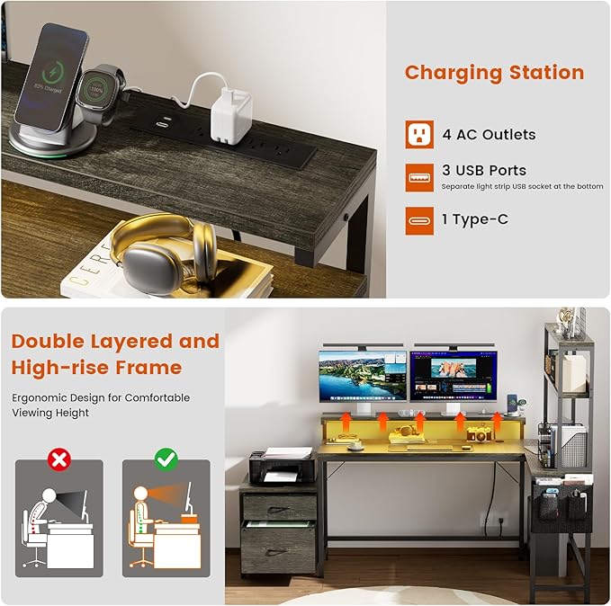REAHOME 70 Inch L Shaped Desk with File Drawers and Reversible Storage Shelves Computer Desk with Power Outlet &amp LED Strip Home Office Desks Bookshelf Desk Writing Study Desk for Bedroom Grey