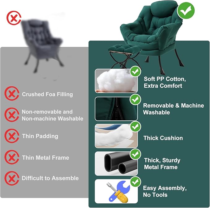 Lazy Chair with Ottoman Modern Accent Chair with Armrests and a Side Pocket Dark Green Accent Chairs Reading Chairs Oversized Armchairs for Bedroom Study Living Room Courtyard
