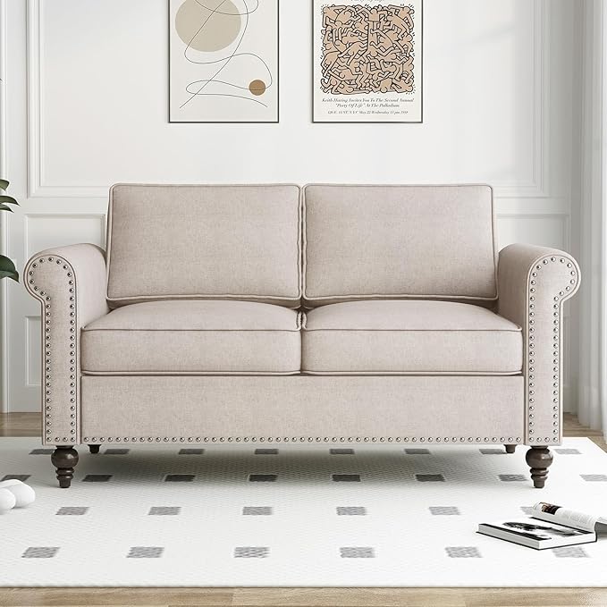3 Pieces Living Room Sofa Couch and Loveseat Set Sectional Sofa Couch and Chair Furniture Set with Wood Frame and Gourd Shapes Wood Legs Sofas Couches for Living Room Apartment - Beige