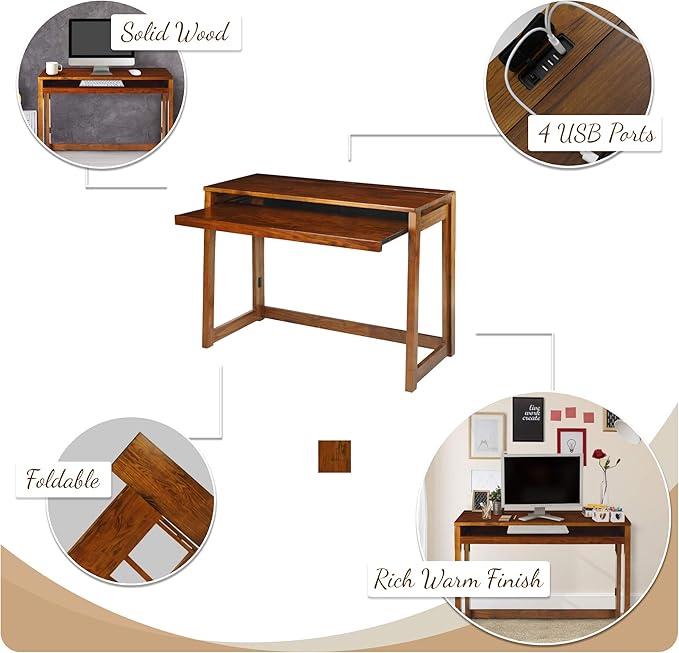 Folding Desk with Pull-Out &amp USB Port-Warm Brown