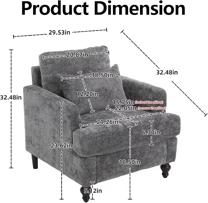 Oversized Accent Chair with Lumbar Pillow Upholstered Side Chairs for Living Room Bedroom Comfy Reading Chairs for Adults with Wide Seat Thick Cushion Soft Chenille (Grey)