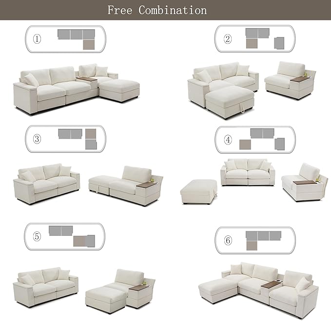Oversized L-Shaped Modular Sectional Sofa with Storage Armrest Reversible Couch with Movable Ottoman USB Ports Cup Holders 360°Swivel Tray Comfy Cloud Cushions for Living Room or Apartment Beige