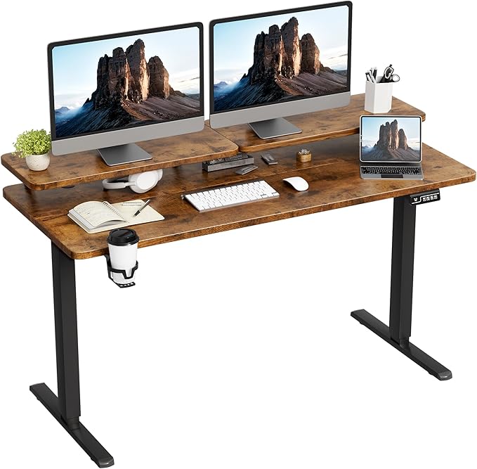 JUMMICO Electric Standing Desk Adjustable Height Desk 55 x 24 Inch with Monitor Stand (Rustic Brown)