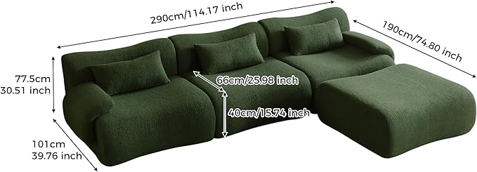115 Modular Sectional Sofa Deep Seat Teedy Boucle Boneless L-Shaped Sofa Modern Oversized Cloud Couch Sectional for Living Room Apartment No Assembly Memory Foam Throw Pillows Green