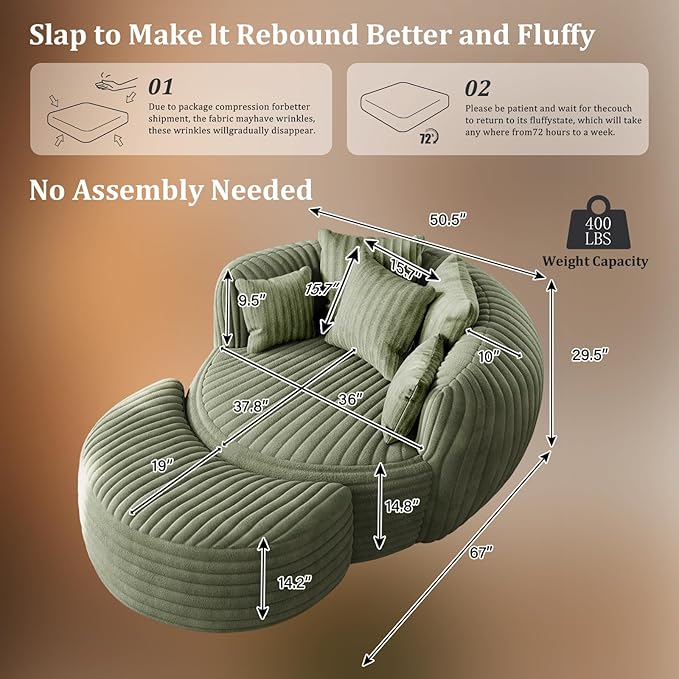 50 Oversized Chaise Lounge Indoor Round Reading Chair Lounge Chair with Ottoman Boneless Sofa Bed Large Fluffy Plush Corduroy Chaise Chair for Living Room Playroom Bedroom Green