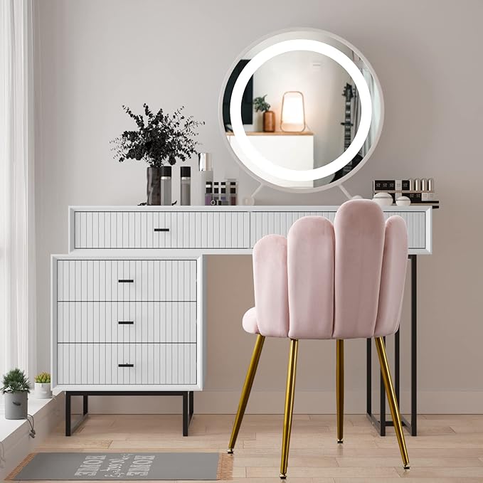 Vanity Chair for Makeup Room - Midcentury Modern Accent Velvet Chair with Back Support Gold Legs for Living Room Bedroom (Pink)