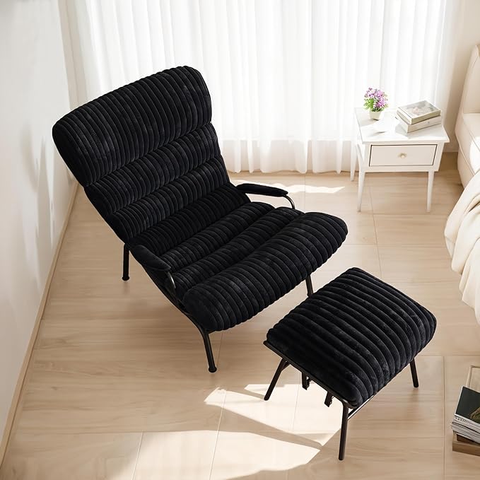 HOOOWOOO MCM Living Room Rocking Accent Chair with Ottoman SetOffice Lazy Lounge Glider Chair and Ottoman SetComfy Chair for Living Room Bedroom Office(Fur Corduroy Black)