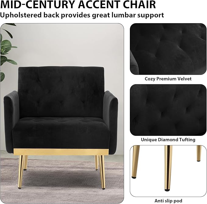 Black Velvet Accent Chairs Set of 2 Comfy Button Tufted Armchair Upholstered Arm Chair Single Sofa Reading Chairs with Arms and Gold Metal Leg for Living Room Bedroom Nursery Office