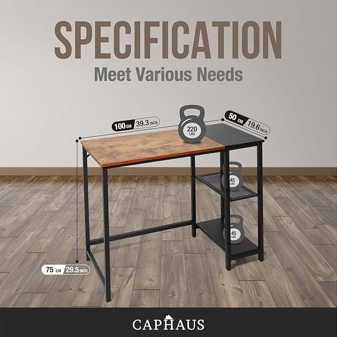 CAPHAUS 40 Inch Computer Desk with 2-Tier Storage Shelves for Home Office &amp Gaming Small Spaces Desk for Bedroom/Office Easy Assemble P2 Board &amp Steel Legs Rustic Oak &amp Black (220 lbs