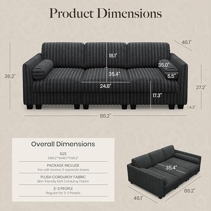 Belffin 86.2 Modular Sectional SofaPlush Corduroy Sectional Couches for Living RoomComfy Deep Seat Sofa with Soft Pillows for Apartment Living Room Bedroom Grey Sofa
