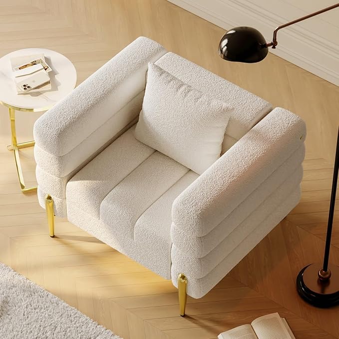homary White Accent Chair Mid Century Boucle Upholstered Armrest Chair for Bedroom Comfy for Living Room Reading Office (White)