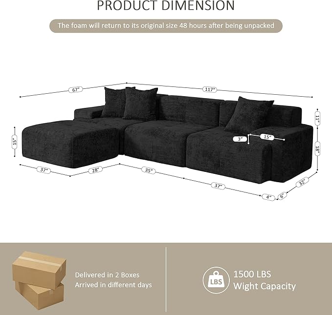 117 Modular Sectional Sofa Couch Chenille Upholstered Boneless Couch Oversized L-Shaped Cloud Sectional Couch with Ottoman &amp Deep Seating No Assembly Black