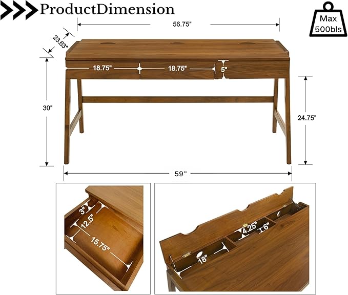 HNY 59 Inches Walnut Wooden Writing Desk with 3 Drawers Computer Study Table with MDF Top Solid Rubberwood Legs and Hidden Cable Management Holes Corner Makeup Vanity Desk for Home Office Bedroom