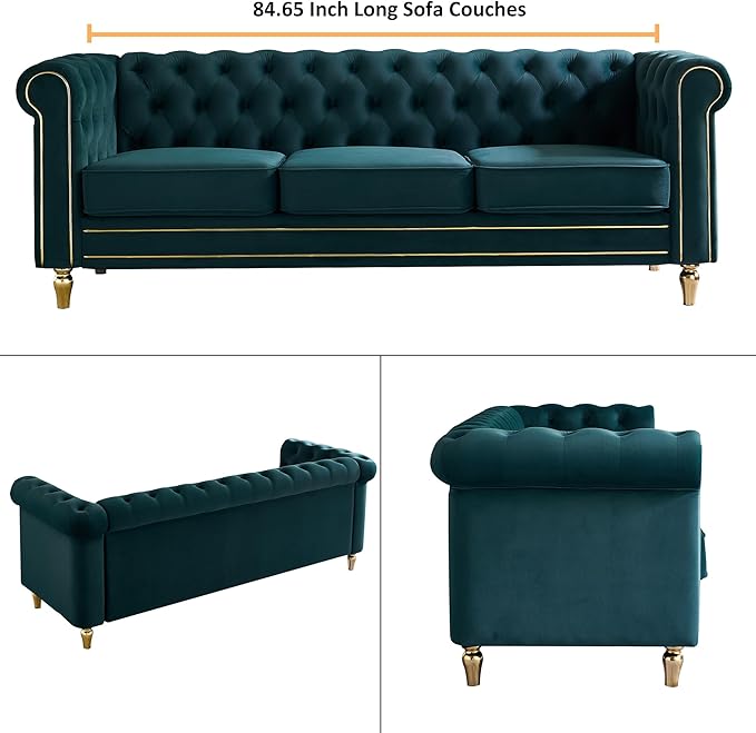 Homtique 84 Modern Green Velvet Chesterfield Sofa 3-Seater Button Tufted Rolled Arms Gold Legs