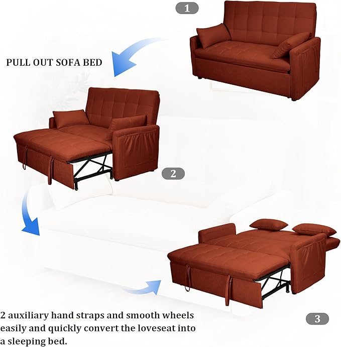 60 Pull Out Sofa Bed Linen Convertible Sleeper Couch Loveseat Chaise Lounge with Side Pockets Red Pullout Futon Sofa Bed for Living Room Bedroom Small Spaces RV (Red)