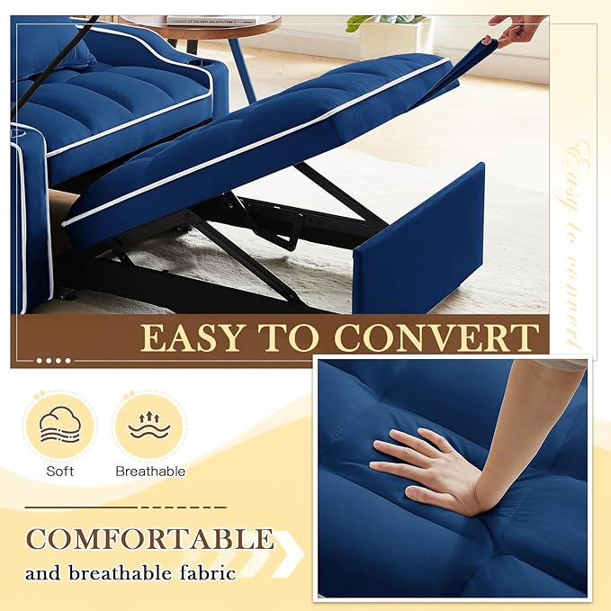 Convertible Sleeper Sofa Chair Bed 3 in 1 Tufted Velvet Pull Out Sleeper Chair with Adjustable Backrest &amp Phone Holder Modern Single Sofa Chair for Living Room Small Spaces Apartment Blue