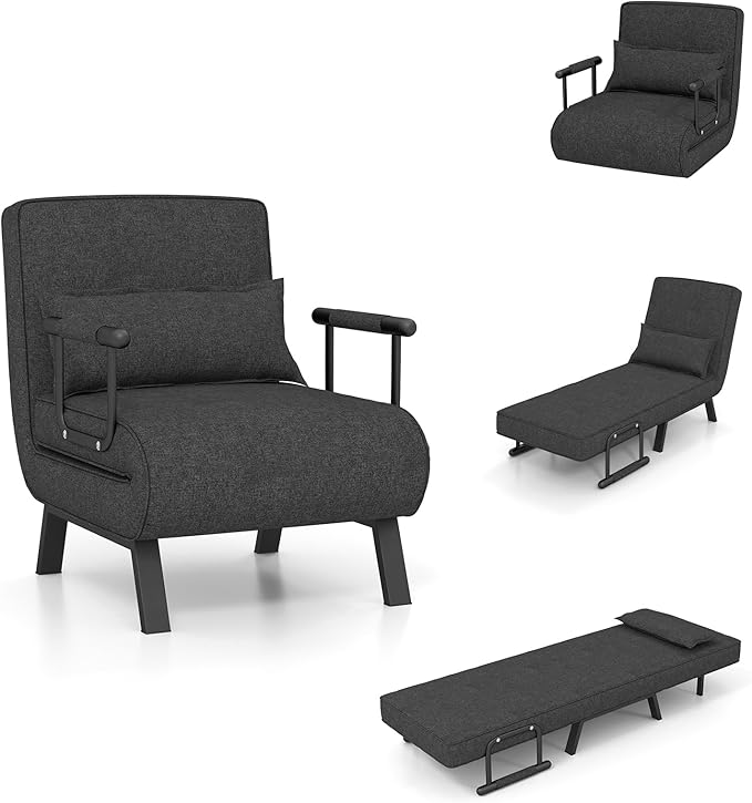 POWERSTONE Convertible Sleeper Chair Bed 4 in 1 Living Room Reading Chair with Pillow Wide Cushion Arm and Adjustable 5 Position Backrest Single Sofa Bed Dark Grey