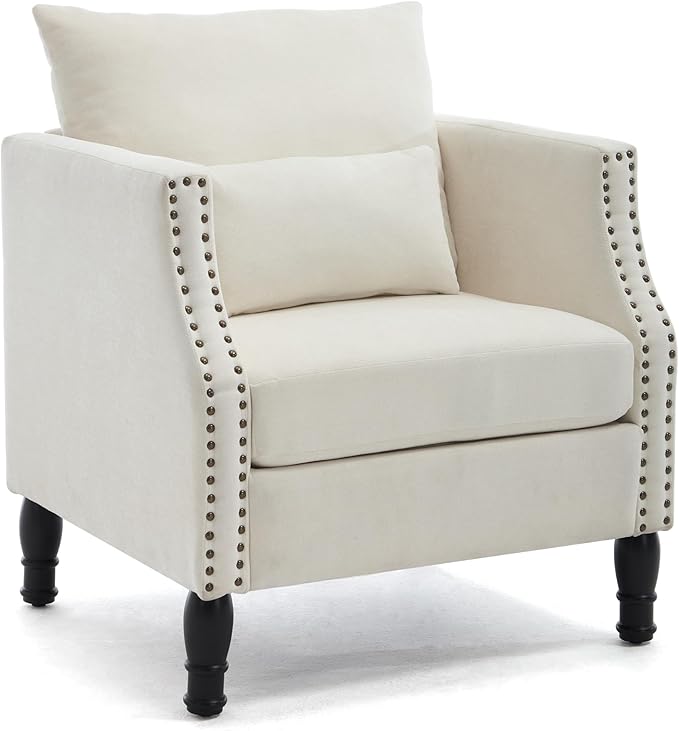 ABET Linen Accent Chairs 1PC Mid-Century Modern Reading Armchair with Removable Lumbar Pillow Upholstered Side Sofa Chair for Living Room Bedroom Beige