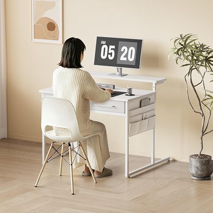 Small desk with Drawers 31.5X15.8-22.9 Inches Office Computer Desk with Side Pocket &amp Ergonomic Adjustable Monitor Stand Writing Table for Small Spaces Kids desk vanity desk Bedroom White