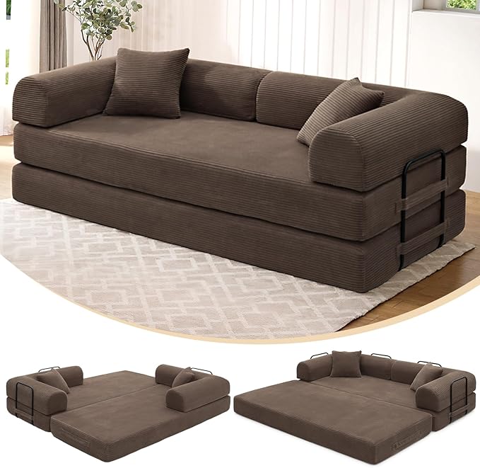 Convertible Sleeper Sofa Bed 1600lbs Weight Capacity Floor Sofa Bed with Fixed-Shape Frame Corduroy Foldable Couch for Small Space Lounge Mattress for Living Room Apartment Game Room (Brown)