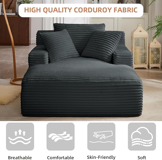 Oversized Chaise Lounge Chair Indoor Corduroy Sofa Bed with Throw Pillows Recliner Chair Comfy Large Deep Seat Sofa Couch for Living Room Bedroom Apartment (Dark Grey)