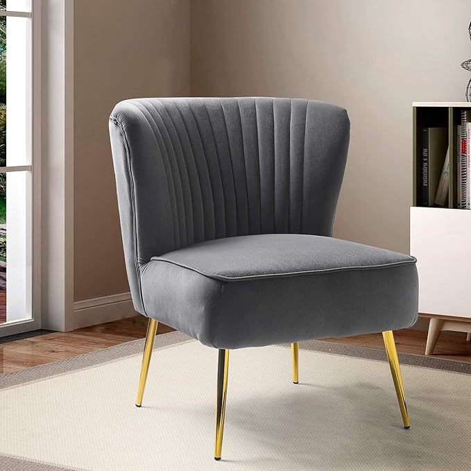 HULALA HOME Velvet Accent Chair Modern Upholstered Cute Side Chair with Gold Metal Legs Armless Wingback Slipper Chair Comfy Living Room Chair for Bedroom Guest Room VanityGrey