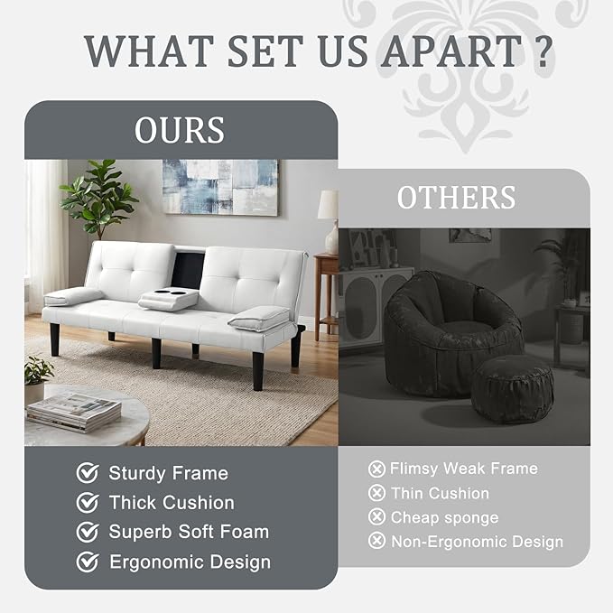 Futon Sofa Bed PU Leather Modern Convertible Futon Couch with Removable Armrests Cup Holders Loveseat Sleeper Sofa Bed for Living Room Apartment Small Spaces (White)