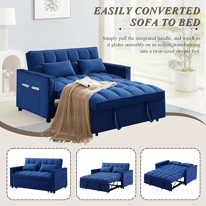 3 in 1 Convertible Sleeper Sofa Bed Futon Couches for Living Room with Side Pocket/Adjustable Backrest Velvet Upholstered Pull Out Couch Small Loveseat Sofa Bed for Bedroom Office Small Spaces