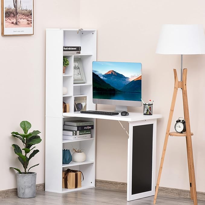 Folding Wall Mounted Desk with Storage Expandable Hidden Computer Desk Foldable Space-Saving Pull Out Murphy Table Writing Table with Blackboard for Home Office Bedroom Small Spaces (White.)