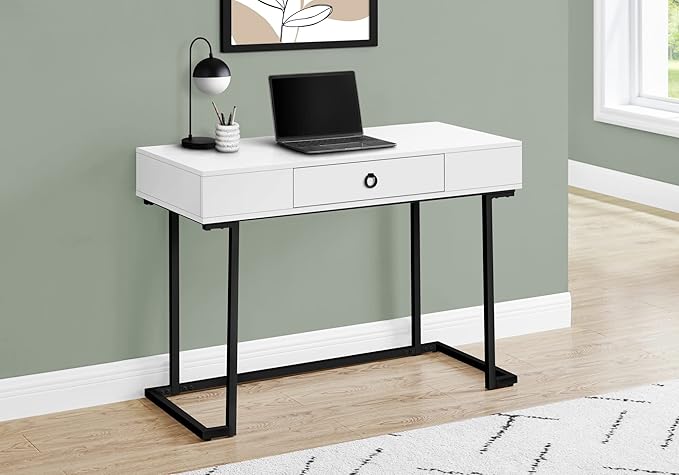 Computer Desk Home Office Laptop Storage Drawers 42 l Work Glossy White Laminate Black Metal Contemporary Modern