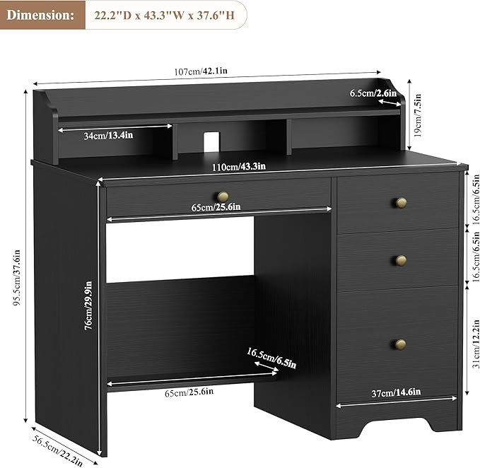 TTVIEW Computer Desk with Drawers and Hutch Shelf Wood Executive Desk Writing Study Table with 43” Wide Tabletop Small Desk with File Drawer for Home Office Bedroom Black