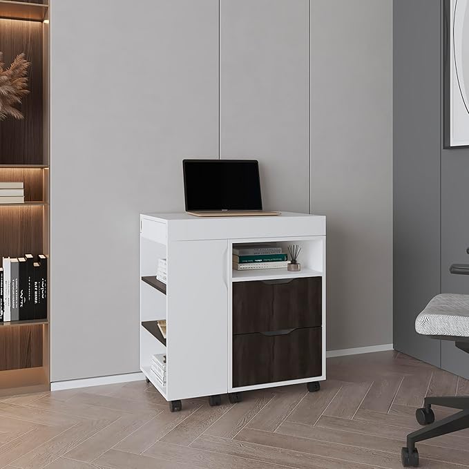 54 Wide Two Drawer Expandable Desk Home Office Desk with Seven Shelves and Casters for Home Office White - Dark Walnut