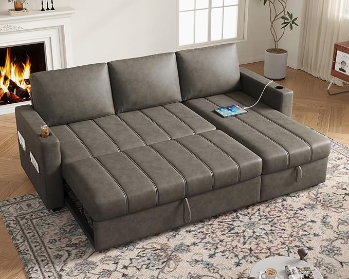 Fadware 89” L Shape Sofa Sleeper Sectional Sofa Bed with Hidden Storage&amp Side Pocket Anti-scratch Faux Leather Couch Bed with ChargePort&amp CupHolder Modern Piano Design Pull Out Couch for Li