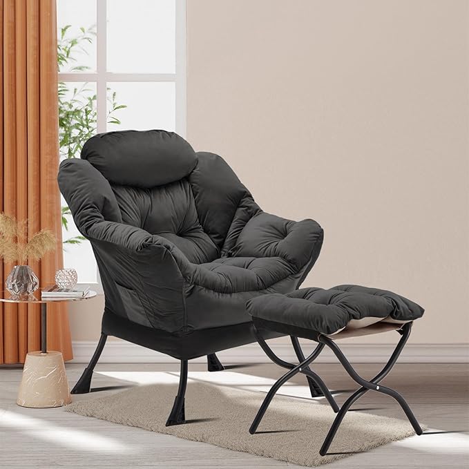 Lazy Chair with Folding Ottoman Accent Chair Velvet Upholstered with Metal Structure and Non-Slip Pads Sofa Armchair with Footrest and Side Storage Bag for Dorm Office Charcoal