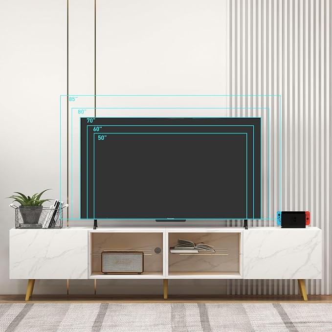 Bonzy Home 86 LED TV Stand Modern Entertainment Center up to 75 TV Television Console Table with Storage Cabinets for Living Room White Marble