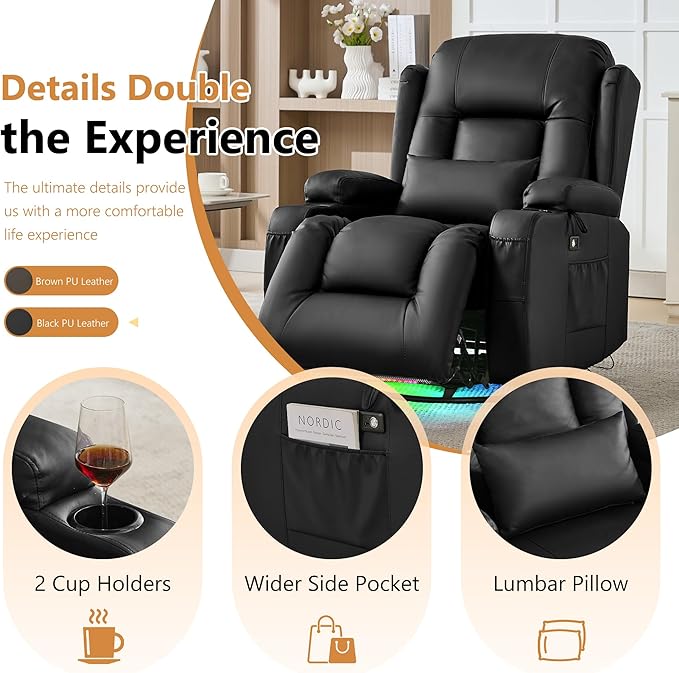 URRED Rocker Recliner Chair for Adults 270° Swivel Glider Reclining Single Sofa with LED Ambient Light Cup Holders and Side Pockets Faux Leather Recliner for Living Room or Home Theater Black