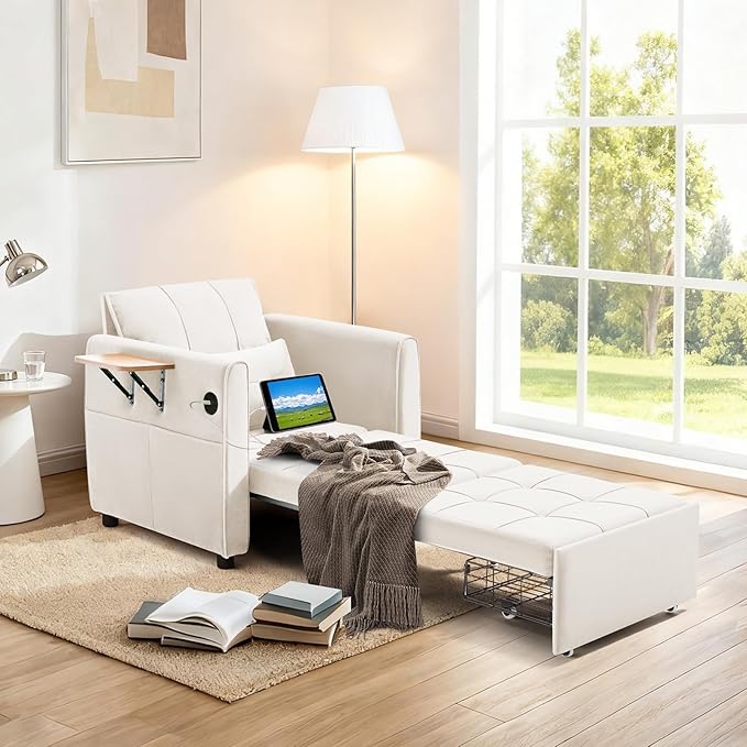 Convertible Sleeper Chair Bed for Adults 90 Extra Long Pull Out Chair Bed w/USB Port Foldable Table &amp Bottom Storage 4 in 1 Single Reclining Sleeper Sofa for Dorm/Bedroom Beige