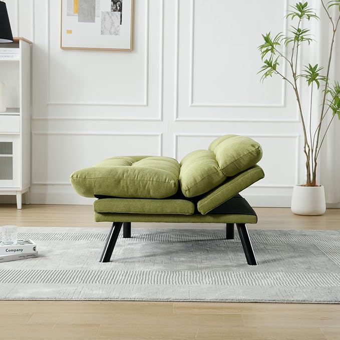 Convertible Futon Sofa Bed Linen Folding Loveseat Couch with Adjustable Backrest and Wooden LegsDouble Sleeper Sofa Couches for Small Spaces Living Rooms Apartment Office (Green)