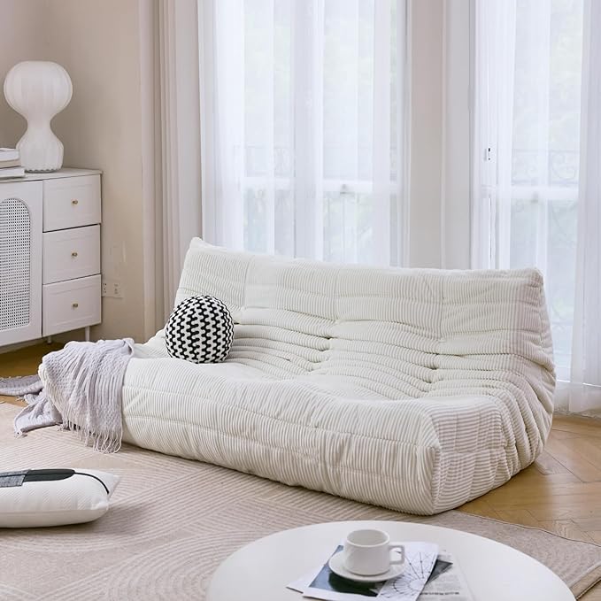 N&ampV Fireside Three Seater Sofa Mid Century Armless Twin Size Floor Lounge Chair Soft Premium Corduroy Accent Chair for Living Room Bedroom (Ivory)