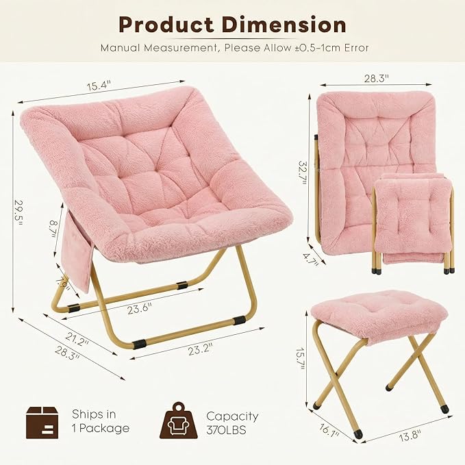 Folding Saucer Chair Comfy Reading Chair with Ottoman Plush Faux Fur Lounge Chair for Small Space Bedroom Dorm Living Room X-Large Lazy Chair for Adults Teens Kids
