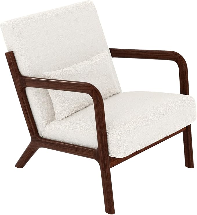 GarveeHome Mid-Century Accent Chair Cozy Sherpa Reading and Lounge Armchair with Lumbar Pillow Modern Wood Frame for Living Room Bedroom Office Beige