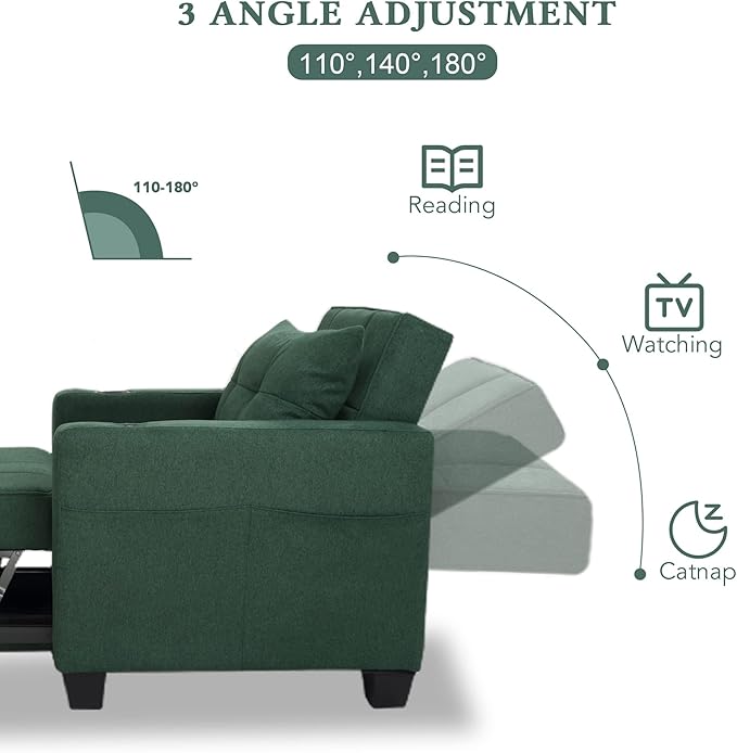 DURASPACE Pull Out Sofa Bed 3-in-1 Convertible Sofa Sleeper Chair Bed with USB Cup Holder Adjustable Armchair Beds for Small Spaces Apartment Living Room Office (Green Linen)