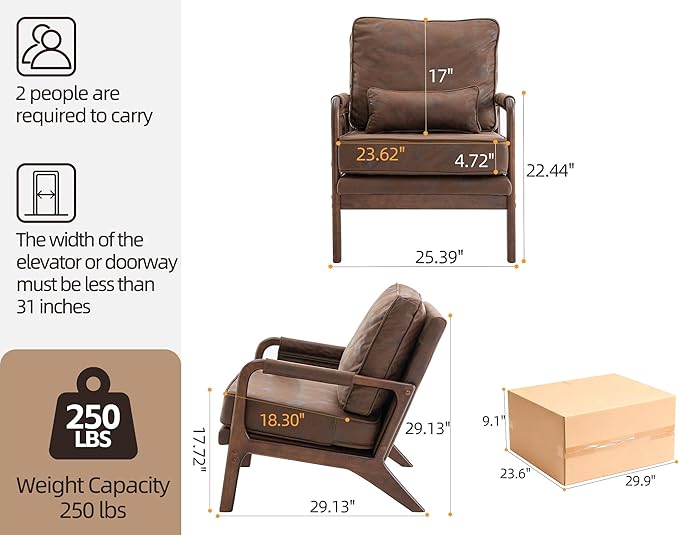 Mid Century Modern Chair Set of 2 Upholstered Lounge Arm Chair with Solid Wood Frame Comfy Accent Chair for Living Room Bedroom Reading Reception Brown