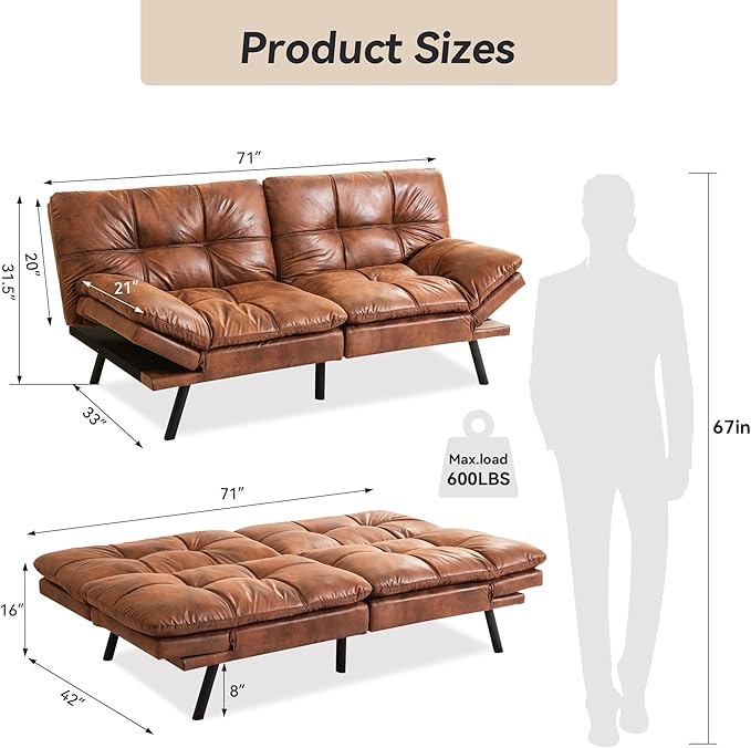 71 Convertible Futon Sofa BedBrown Faux Leather Futon CouchMemory Foam Reclining Sleeper Sofa BedModern Folding Small Loveseat Couches for Living RoomOfficeApartment
