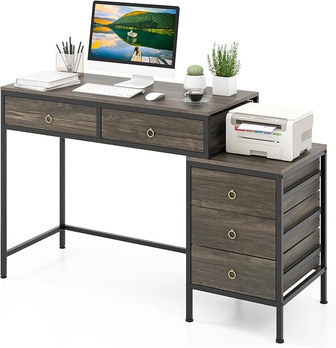 Tangkula Computer Desk with 5 Drawers 51 Home Office Desk with Printer Stand Metal Frame Study Writing Table Industrial Computer Workstation PC Desk for Bedroom Office Small Spaces (Grey)