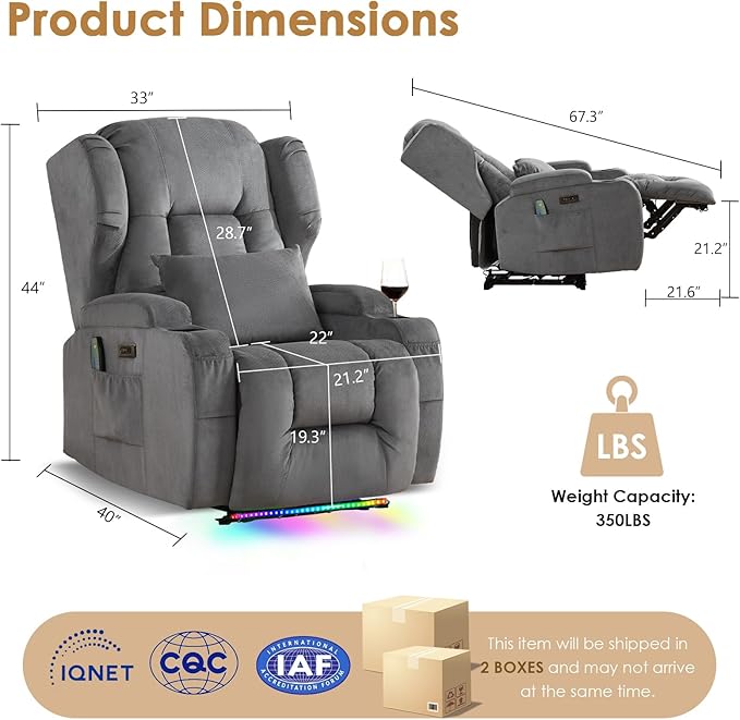 SAMERY Power Recliner Chair Set of 2 Electric Wall Hugger Recliners with Massage &amp Heat Comfy Reclining Sleeper Chair Movie Sofa Home Theater Seat with Cup Holders/USB Port/LED Light/Lumbar Pill