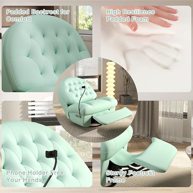 Kinfant Power Swivel Rocker Recliner Chair Swivel Rocking Sofa with Button Control Phone Holder &amp USB Ports for Living Room Bedroom (Green)