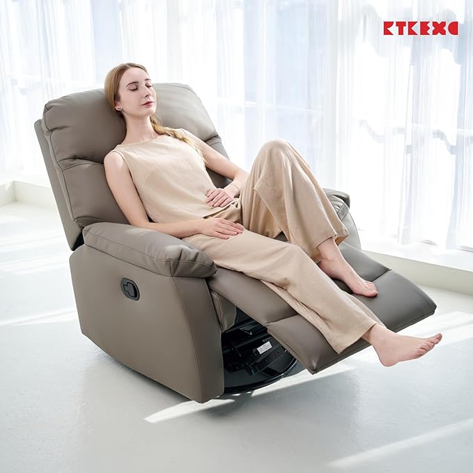 Recliner Sofa Rocking Chair Swivel Manual Adjustable 360 Degree Spinning with Ergonomics Lumbar Support Natural Leather for Home Theater Seating Living Room Bedroom Nursery Grey