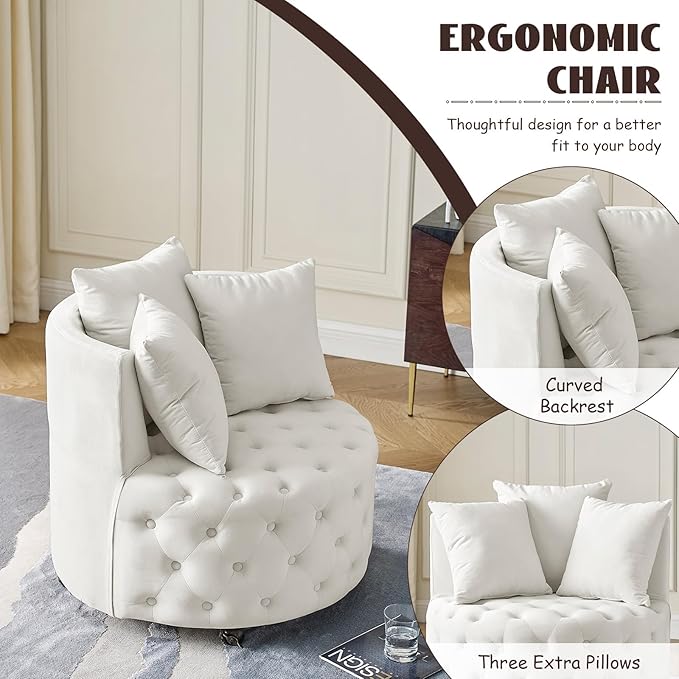 360° Swivel Barrel Chair Set of 2 30W Modern Velvet Upholstered Round Accent Chair with Button Tufted Design &amp 4 Movable Wheels Comfy Small Armchair for Living Room Bedroom Sillas Para Sala Bei
