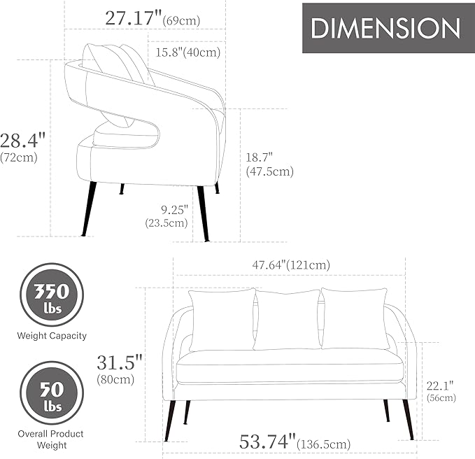 3-Piece Modern Minimalist Style Sofa Set with Metal LegsOpen Back Sofa Conversation SetLoveseat Couch &amp 2 Accent Chair for Living RoomBedroomOfficeReceptionCharcoal